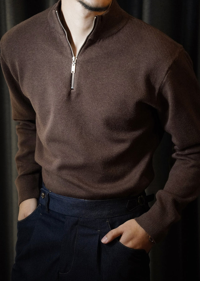 Brown Zip Up Thick Knit Short Sweater Stand Collar