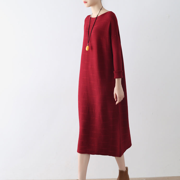 Burgundy Wave Knit Sweater Dresses Long Winter Dresses Cotton Sweaters Winter
