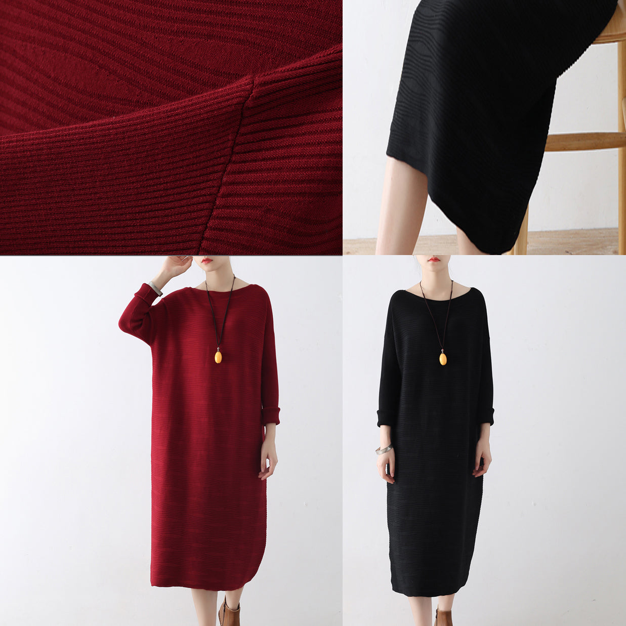 Burgundy Wave Knit Sweater Dresses Long Winter Dresses Cotton Sweaters Winter