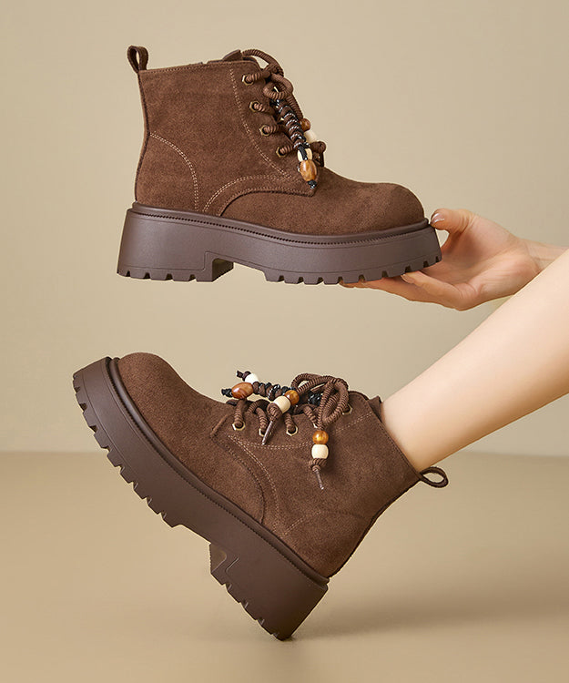Camel Boots Platform Suede Splicing Lace Up