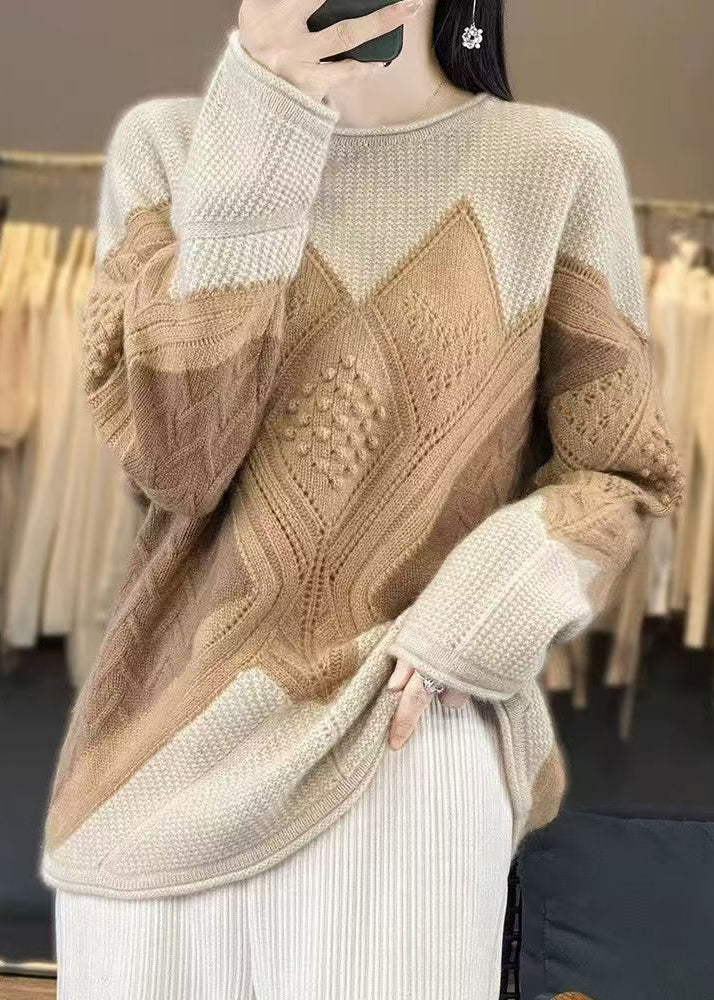 Camel Cozy Patchwork Woolen Knit Pullover Sweaters Spring