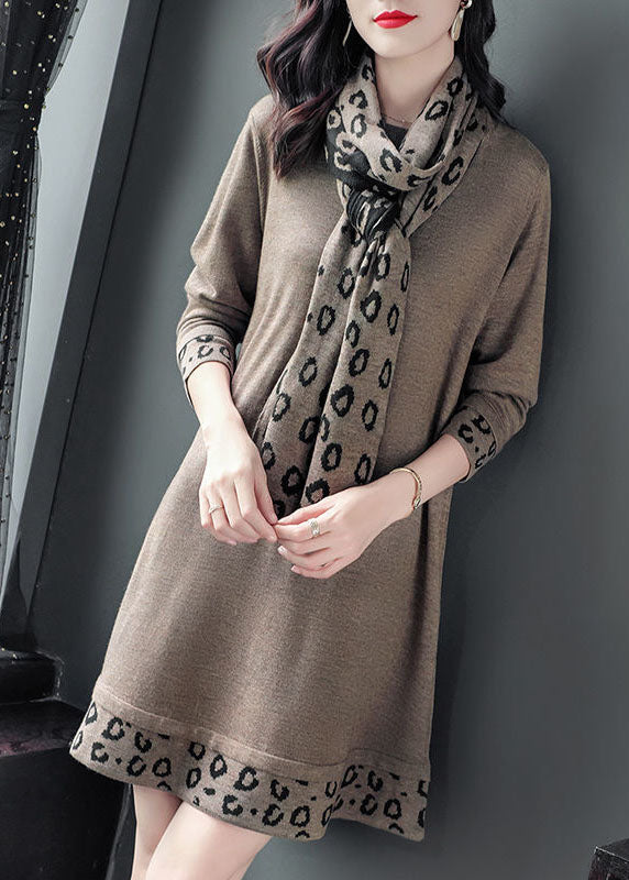 Camel Print Patchwork Knitted Dress O-neck Scarf Long Sleeve