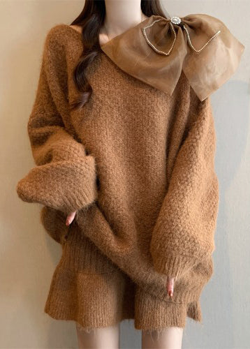 Caramel Bow Patchwork Cotton Knit Sweaters and Skirts Two Pieces Set Lantern Sleeve