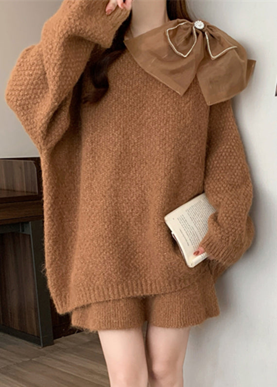 Caramel Bow Patchwork Cotton Knit Sweaters and Skirts Two Pieces Set Lantern Sleeve