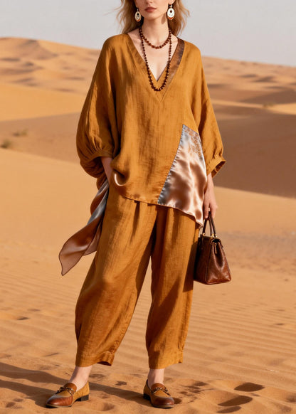Caramel Pockets Silk Patchwork Tops and Crop Pants Linen Two-piece Set V Neck Spring