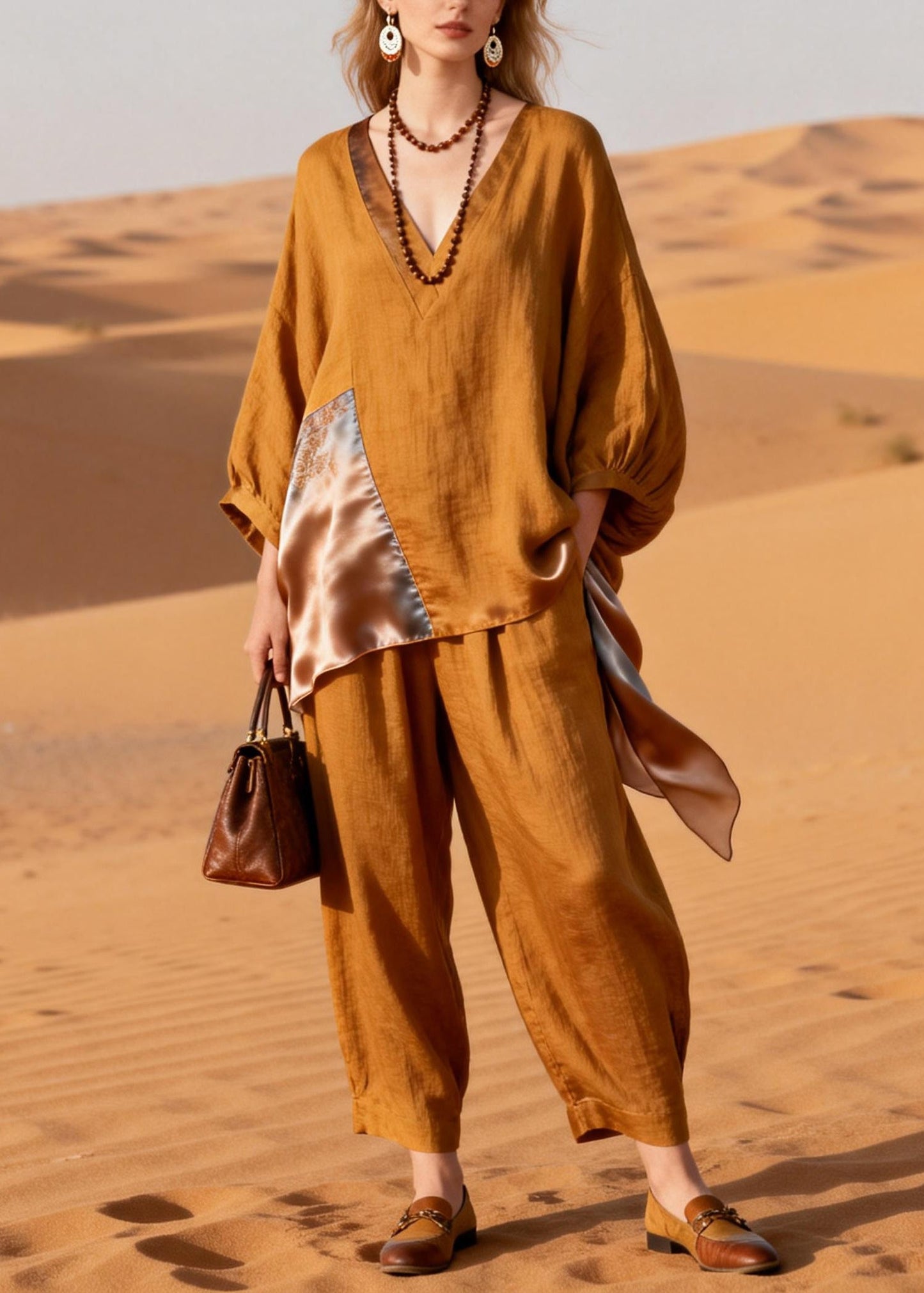 Caramel Pockets Silk Patchwork Tops and Crop Pants Linen Two-piece Set V Neck Spring