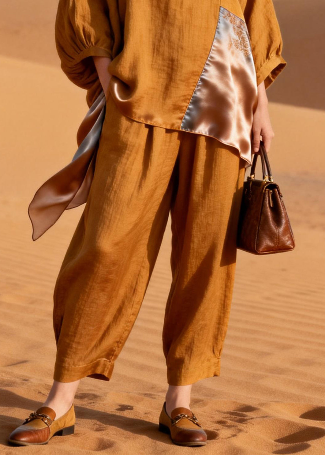 Caramel Pockets Silk Patchwork Tops and Crop Pants Linen Two-piece Set V Neck Spring