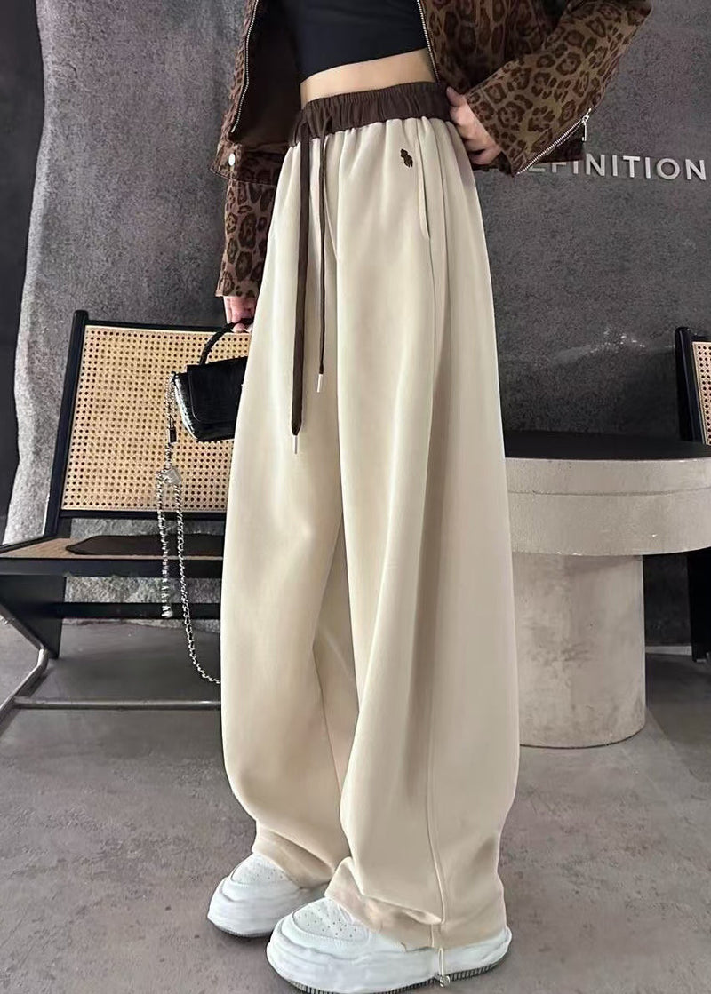Apricot Elastic Waist Warm Fleece Wide Leg Pants Winter