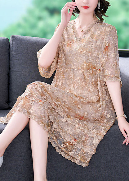 Apricot Embroideried Patchwork Lace a Line Dress Summer