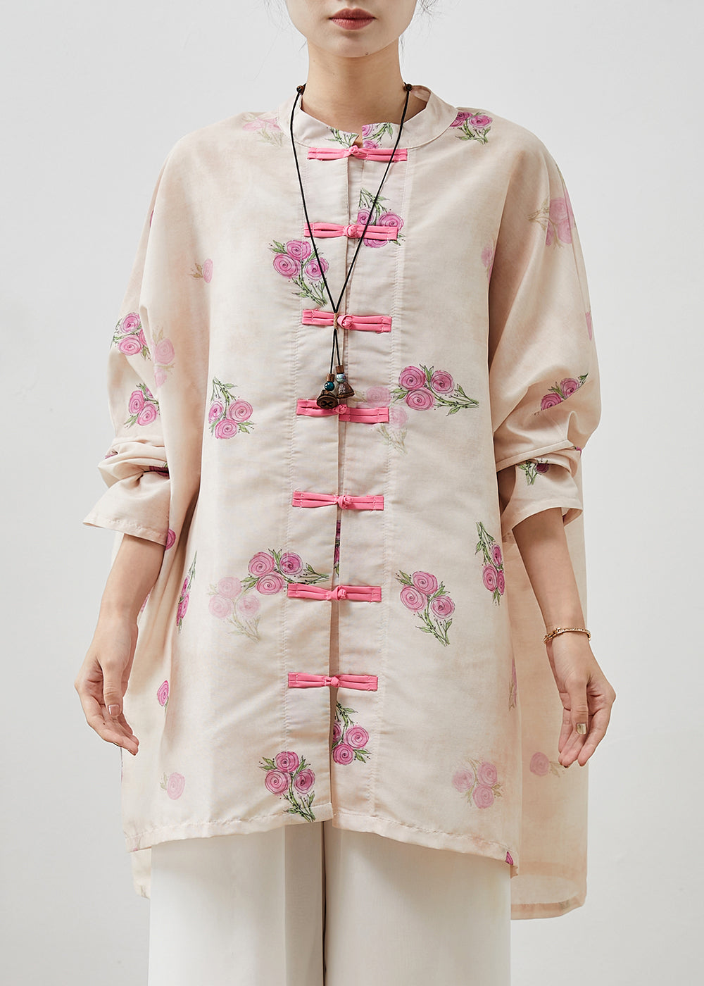 Apricot Chinese Button Linen Loose Shirt Top Spring