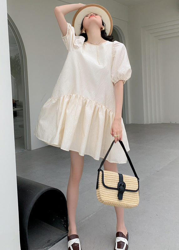 Apricot O Neck Patchwork Wrinkled Cotton Mid Dress Puff Sleeve