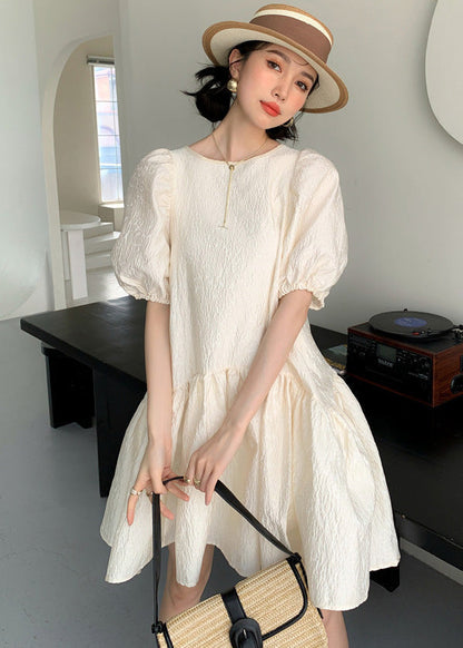 Apricot O Neck Patchwork Wrinkled Cotton Mid Dress Puff Sleeve