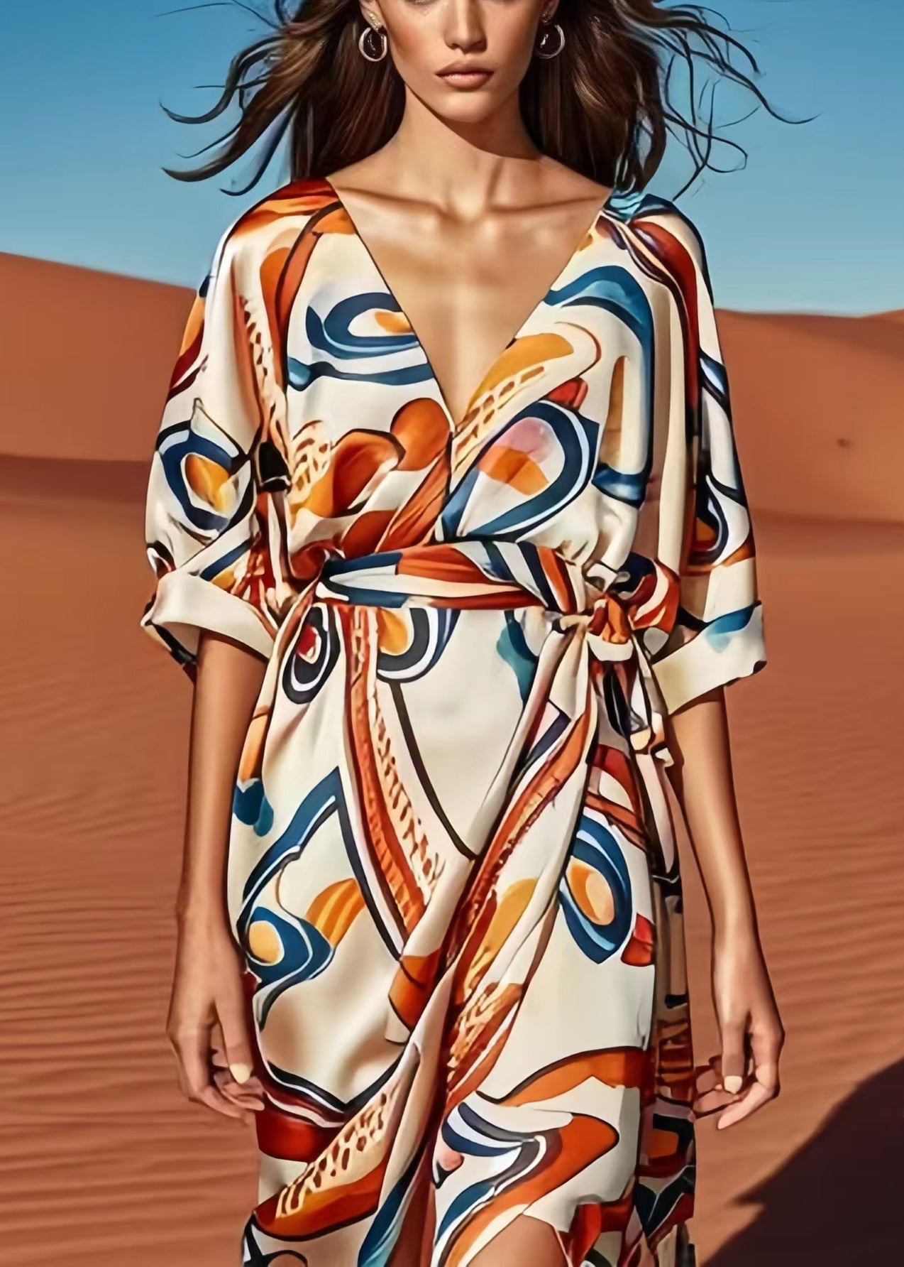 Apricot Print Low High Design Silk Dress Summer
