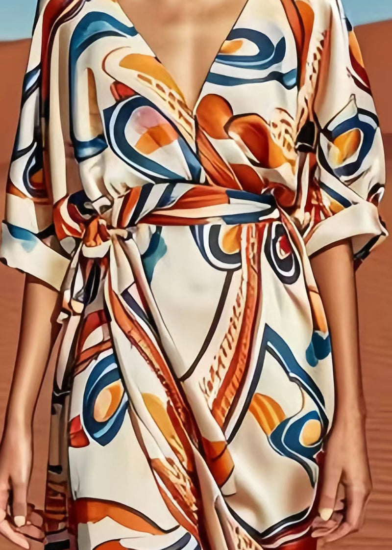 Apricot Print Low High Design Silk Dress Summer