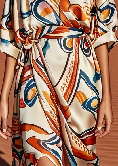 Apricot Print Low High Design Silk Dress Summer
