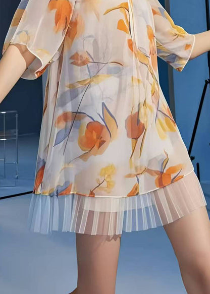 Apricot Print Patchwork Chiffon Mini Dress Summer