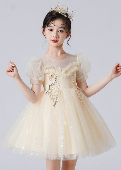 Apricot Puff Sleeve Patchwork Sequins Tulle Kids Robe Dresses Summer