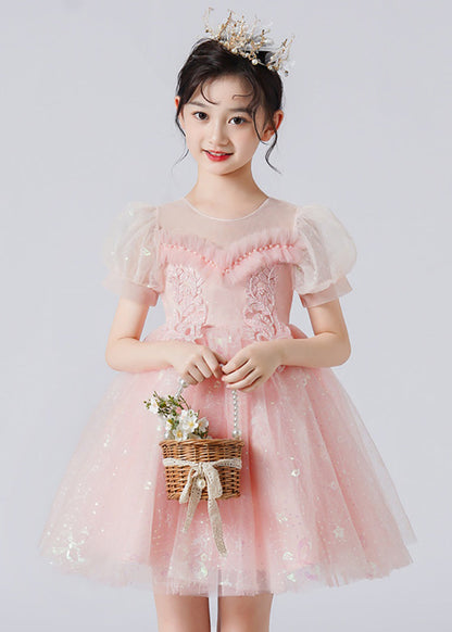 Apricot Puff Sleeve Patchwork Sequins Tulle Kids Robe Dresses Summer