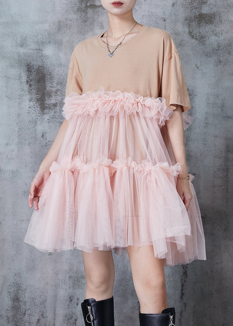 Apricot Ruffled Patchwork Tulle Tea Dress Summer