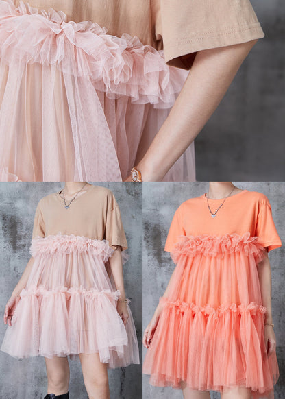 Apricot Ruffled Patchwork Tulle Tea Dress Summer