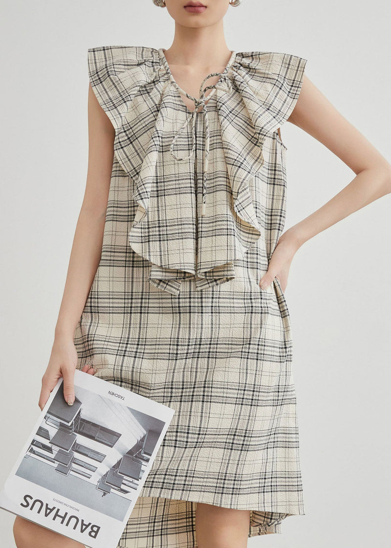 Apricot Ruffled Plaid Cotton Mid Dresses Summer