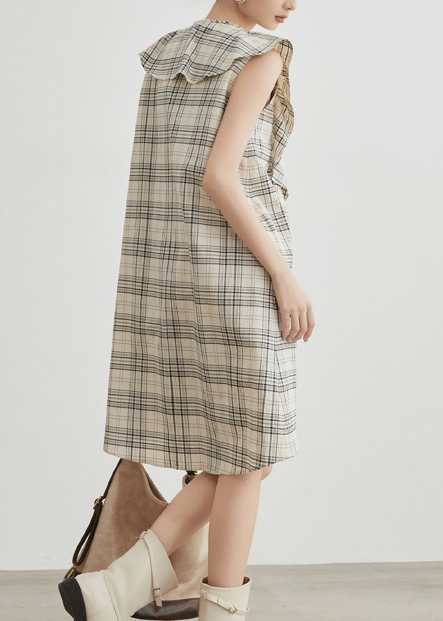 Apricot Ruffled Plaid Cotton Mid Dresses Summer