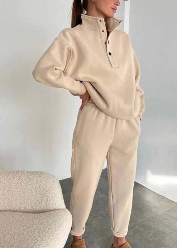 Apricot Stand Collar Button Tops and Pants Two Pieces Set Fall
