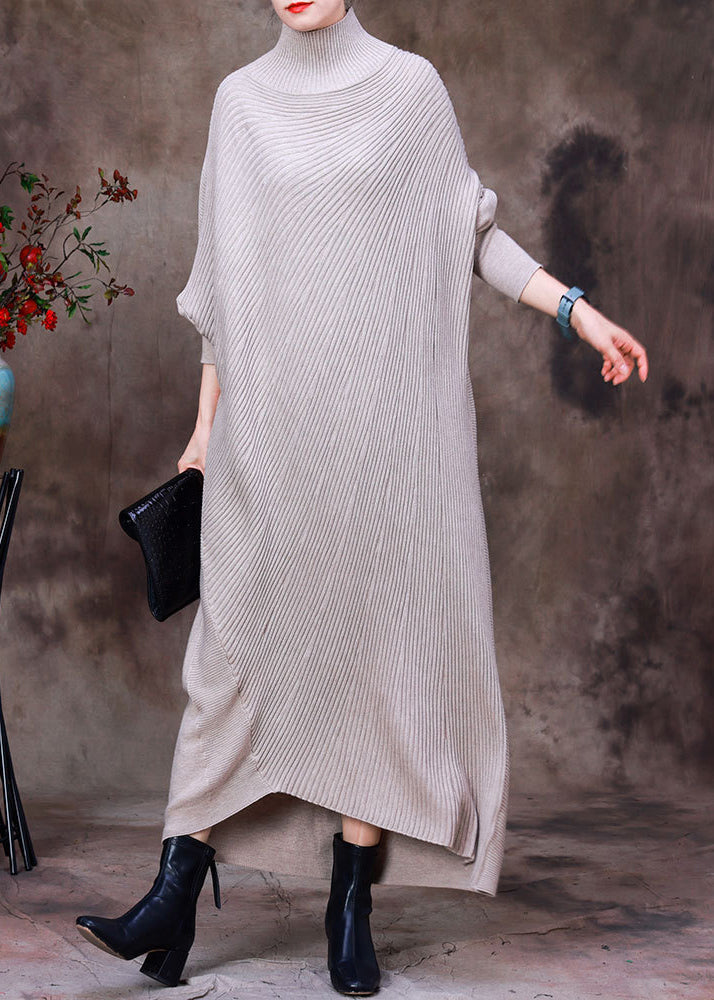 Apricot Turtleneck Low High Design Woolen Knit Ankle Sweater Dress Long Sleeve