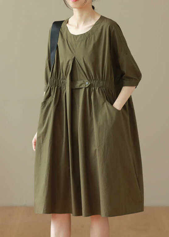 Army Green O Neck Patchwork Cotton Mid Dresses Summer