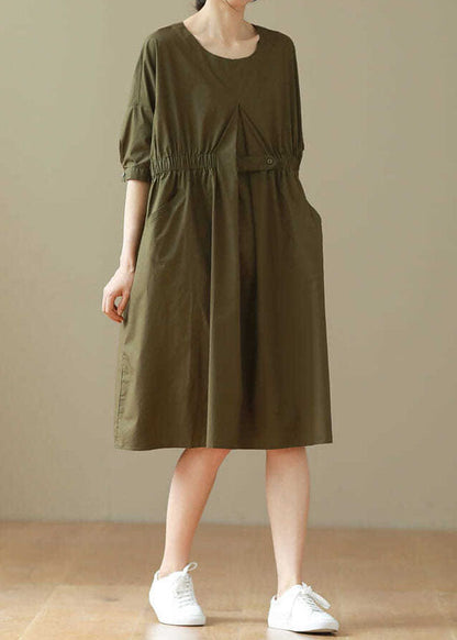 Army Green O Neck Patchwork Cotton Mid Dresses Summer