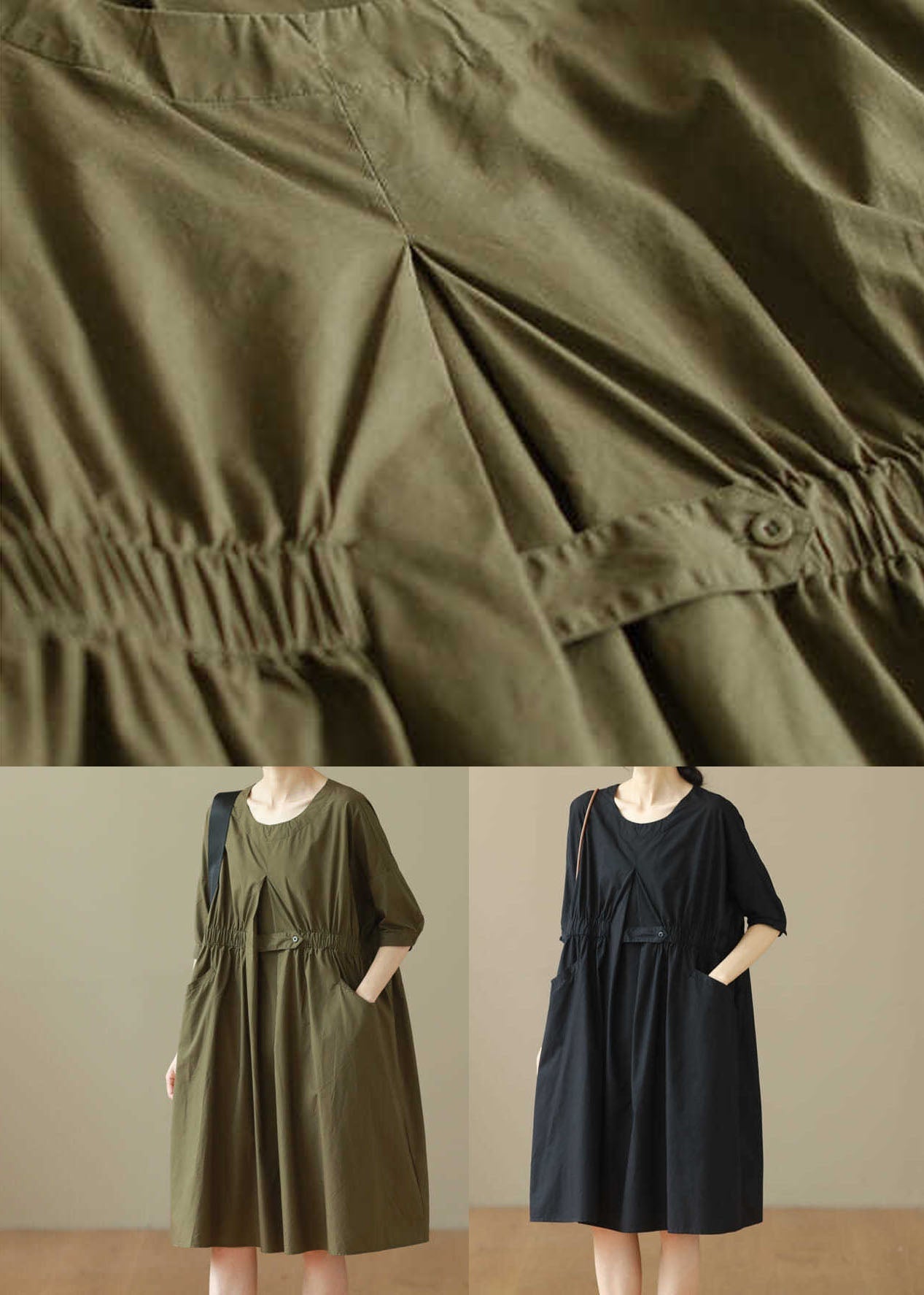 Army Green O Neck Patchwork Cotton Mid Dresses Summer