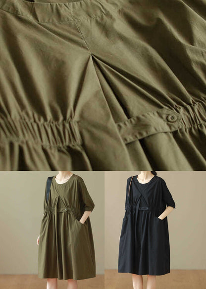 Army Green O Neck Patchwork Cotton Mid Dresses Summer