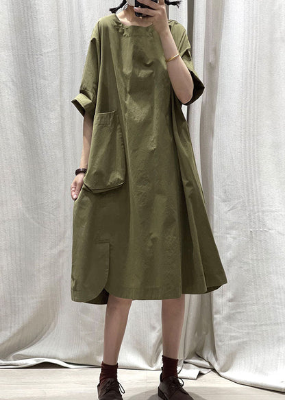 Army Green O Neck Pockets Patchwork Cotton Mid Dress Summer