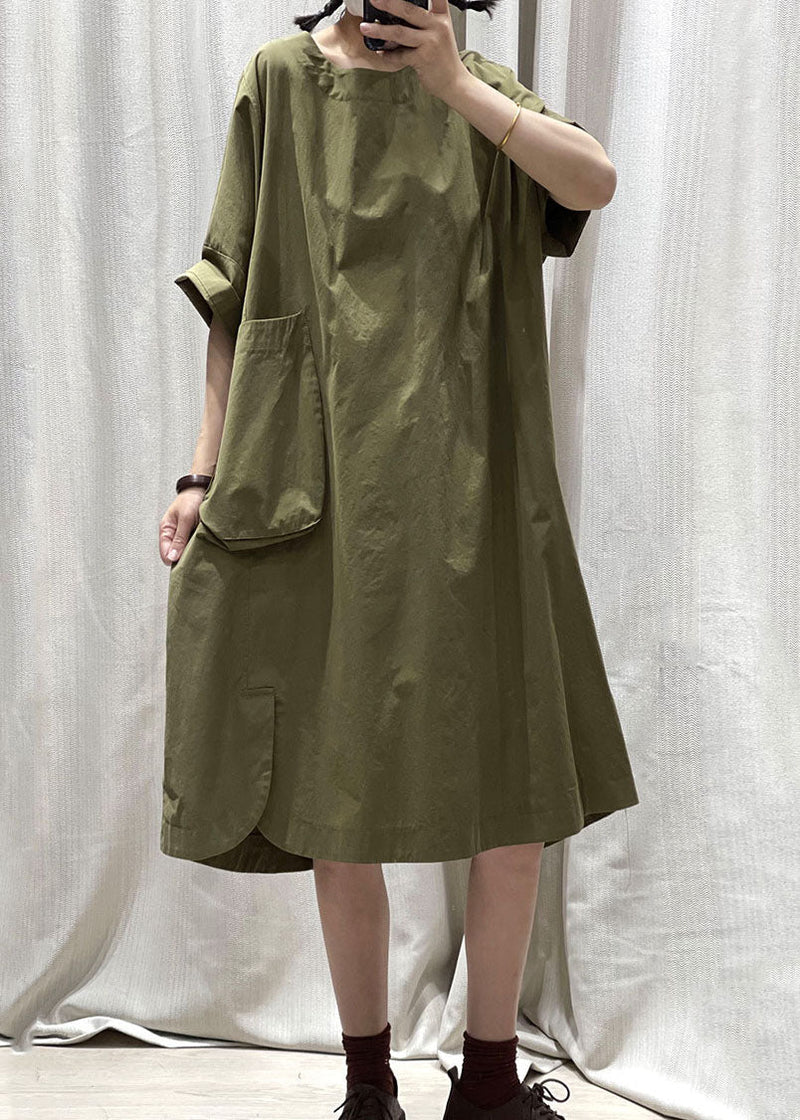 Army Green O Neck Pockets Patchwork Cotton Mid Dress Summer