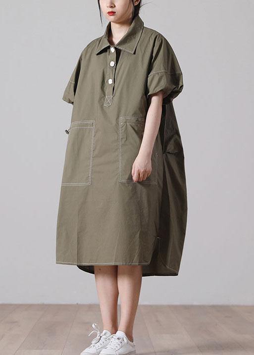 Army Green Peter Pan Collar Button Maxi Summer Cotton Dress