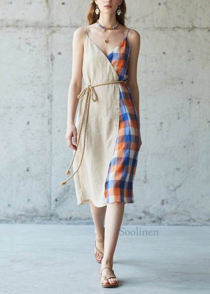 Beige Asymmetrical Patchwork Linen Cami Dresses Summer