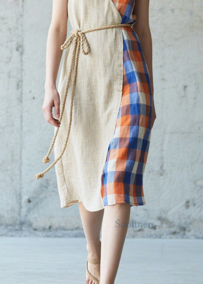 Beige Asymmetrical Patchwork Linen Cami Dresses Summer