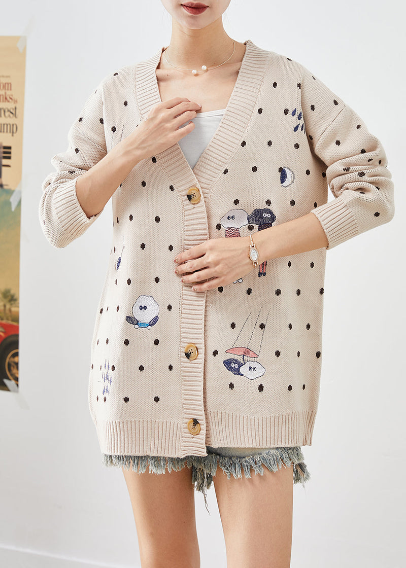 Beige Embroidered Knit Loose Coat Winter