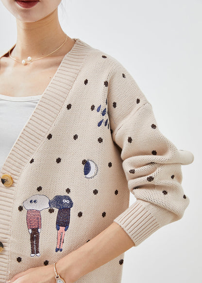 Beige Embroidered Knit Loose Coat Winter