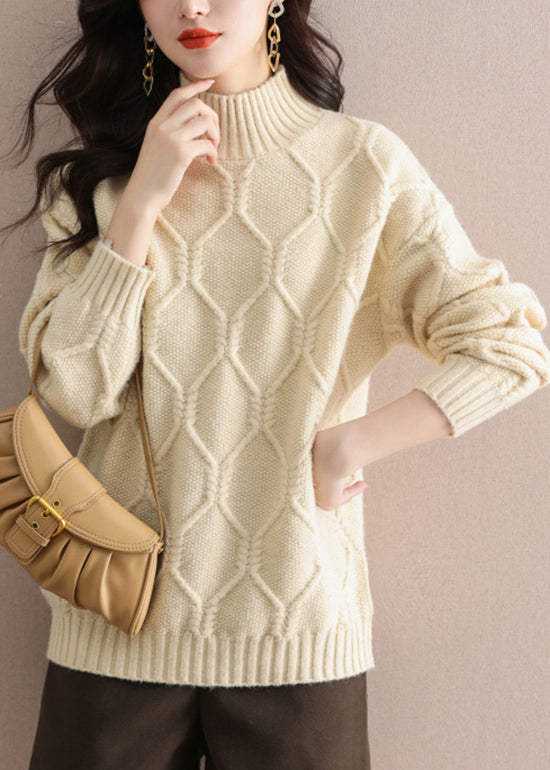 Beige Half Hign Neck Thick Knit Sweater Tops Fall