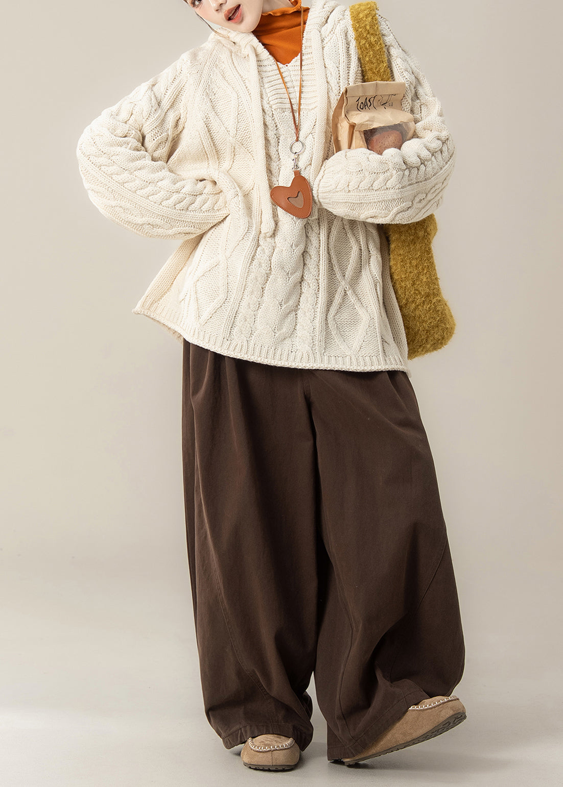 Beige Hooded Knit Sweaters Three Pieces Set Spring