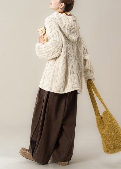 Beige Hooded Knit Sweaters Three Pieces Set Spring