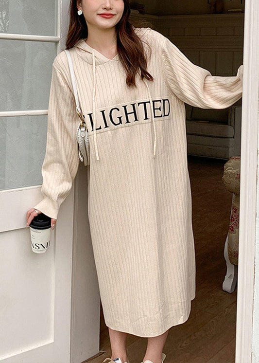 Beige Hooded Patchwork Letter Knit Sweatshirts Dress Fall