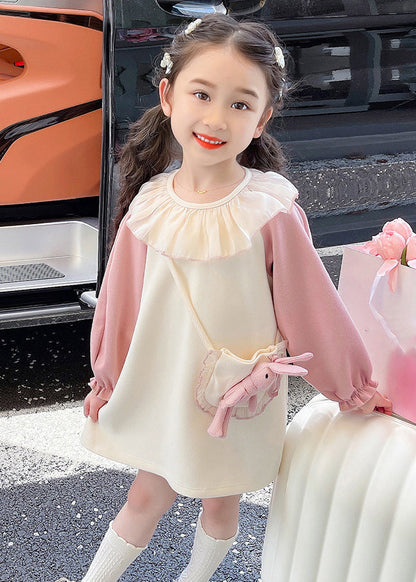 Beige O-neck Tulle Patchwork Kids Mid Dress Fall