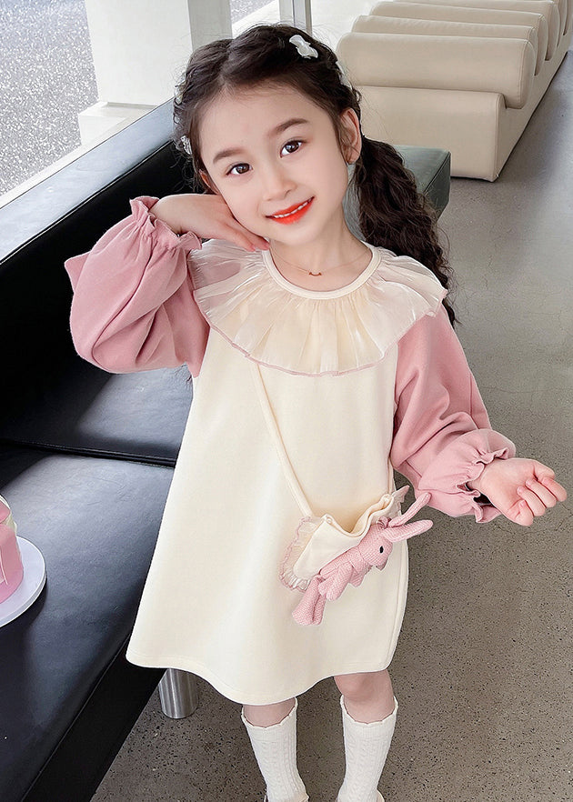 Beige O-neck Tulle Patchwork Kids Mid Dress Fall
