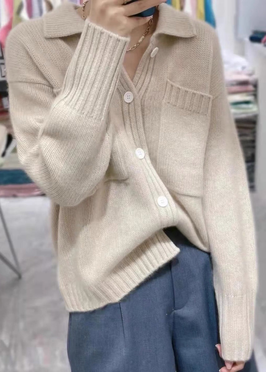 Beige Peter Pan Collar Button Thick Cashmere Knit Sweater Fall