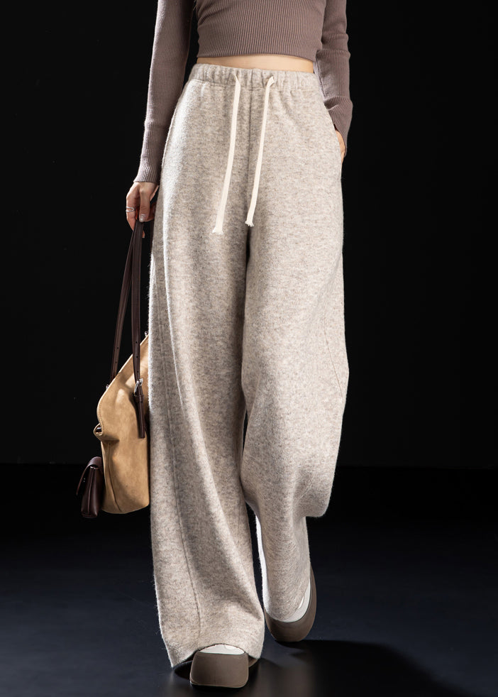 Beige Pockets Drawstring Woolen Pants Spring