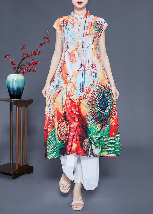 Beige Print Slim Fit Silk Long Dress Summer