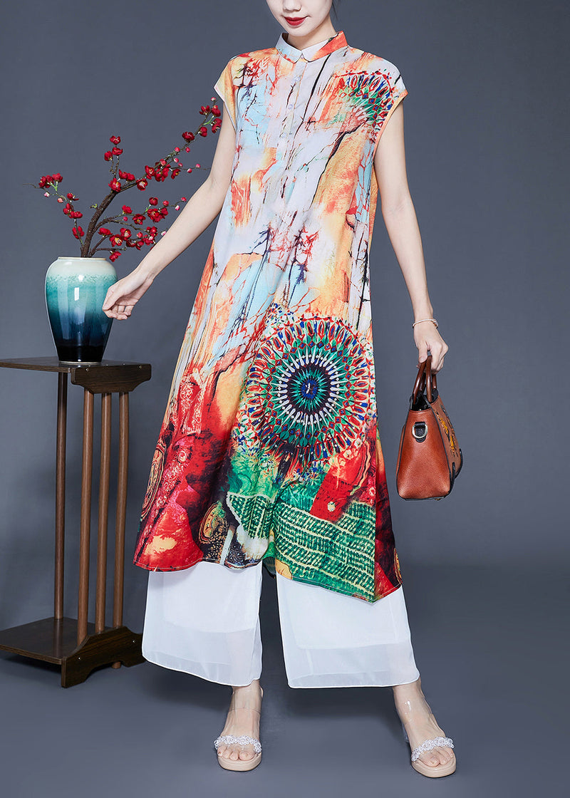 Beige Print Slim Fit Silk Long Dress Summer