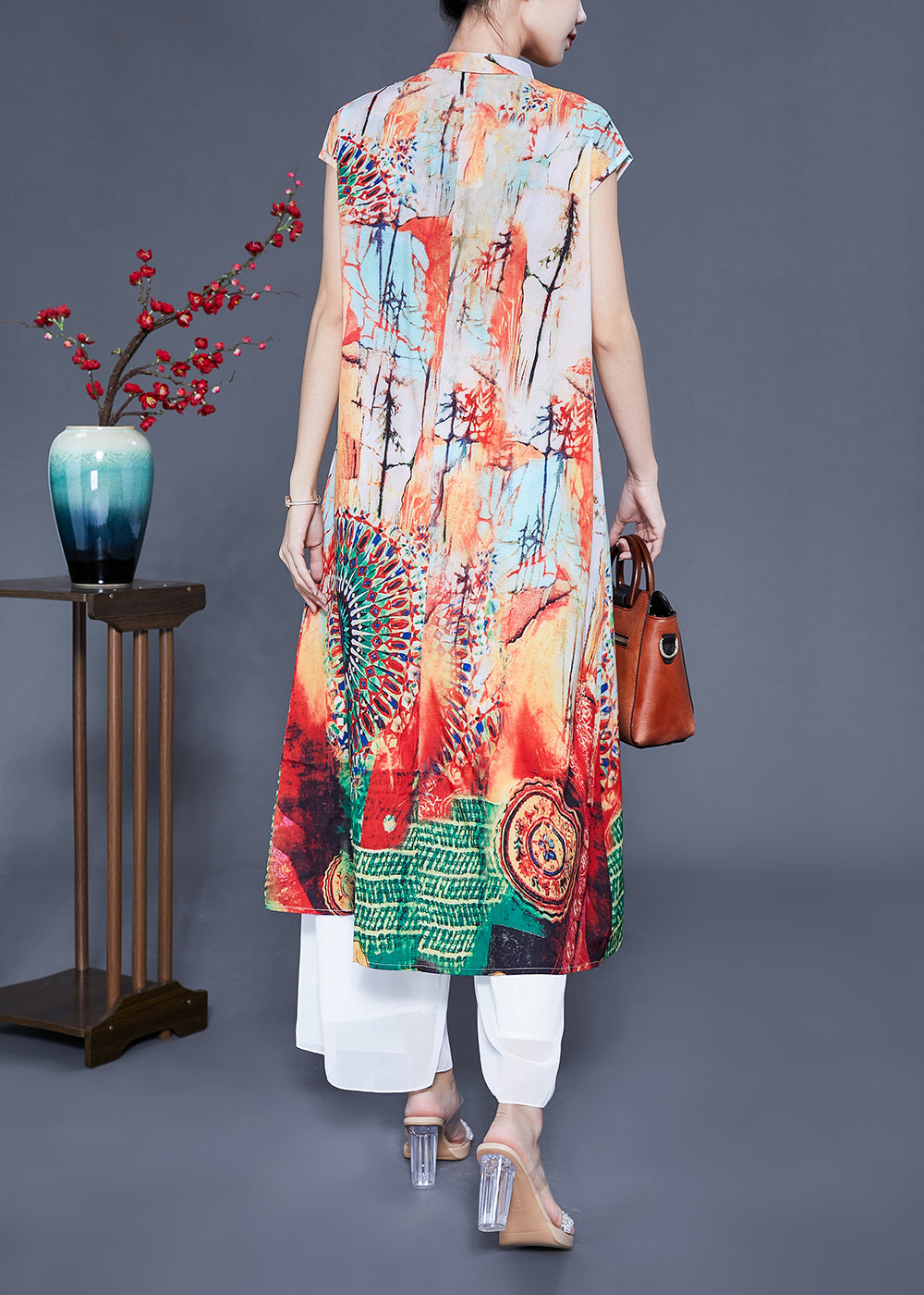 Beige Print Slim Fit Silk Long Dress Summer